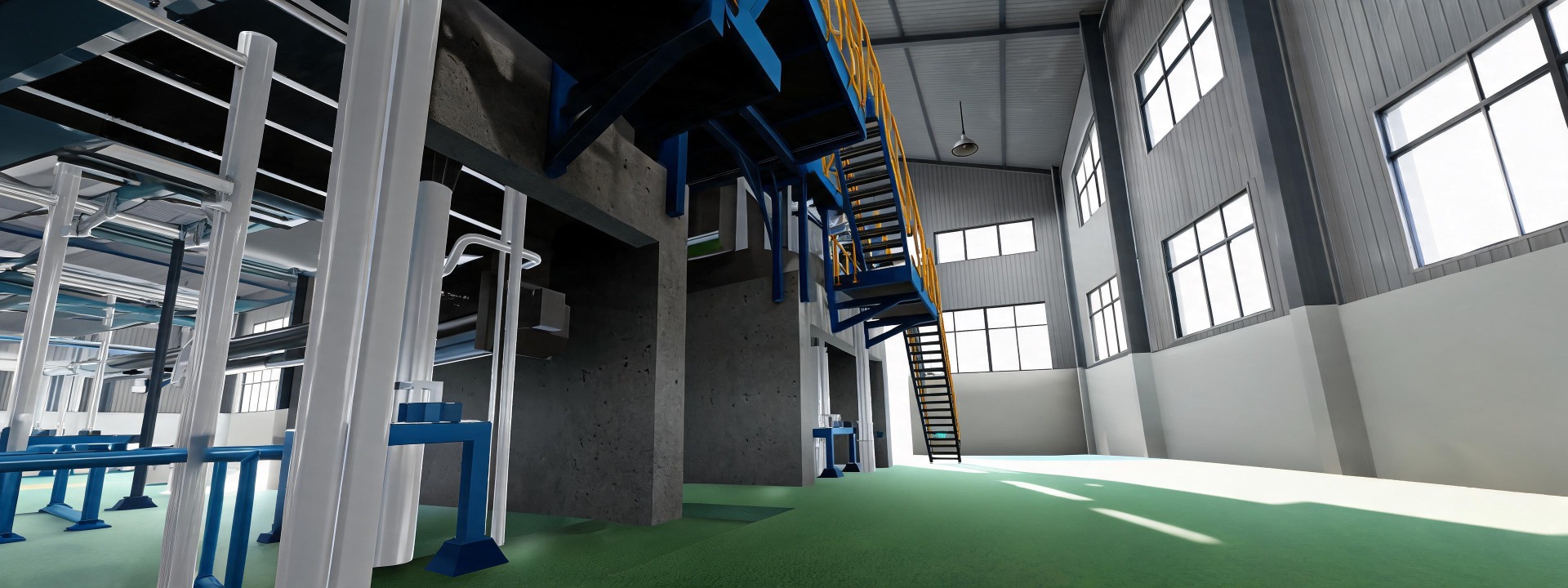 展示VR沉浸式工业培训系统的软件界面，包含工业场景元素与功能按钮，用于工业安全培训场景。